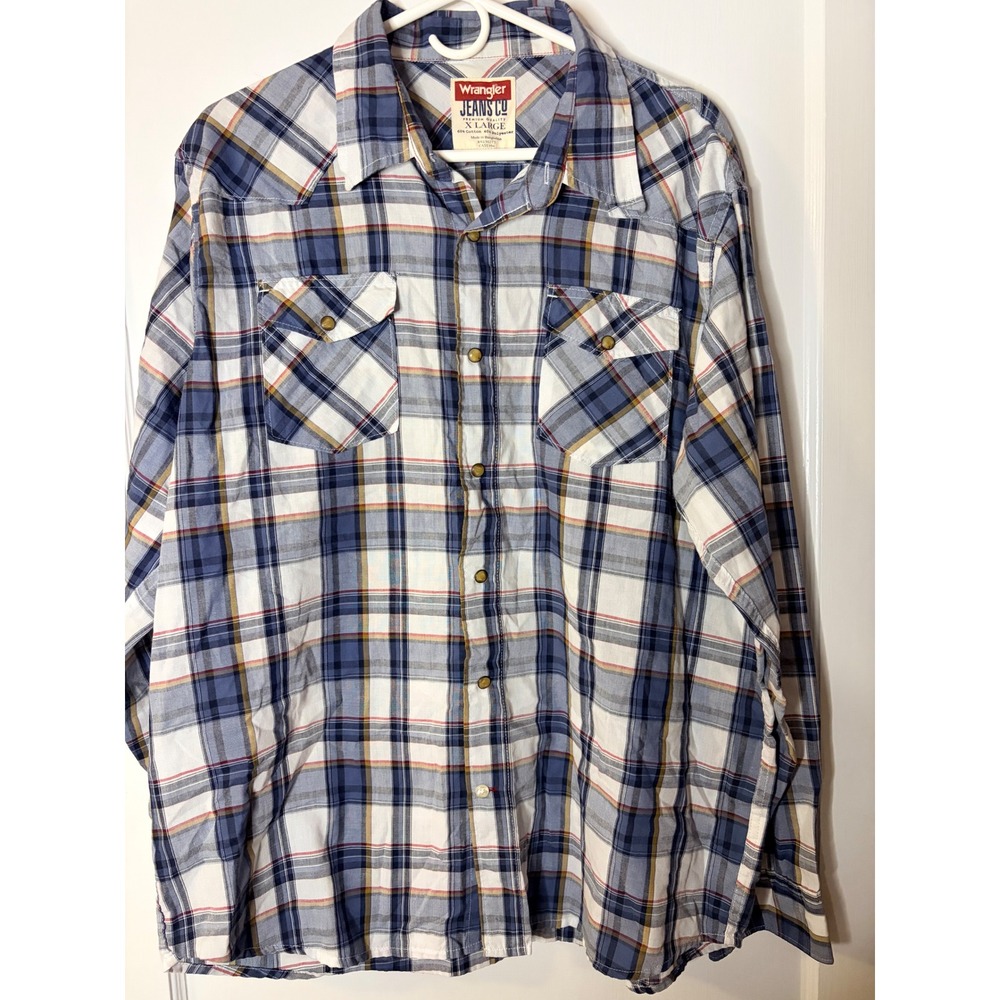 Wrangler Jeans Co Mens XL Blue Plaid Long Sleeve Western Snap Button Shirt